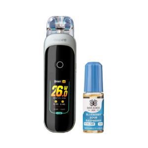 Aspire Pixo Pod Kit in Ice Silver shown next to a Bar Juice 5000 nic salt bottle on a white background