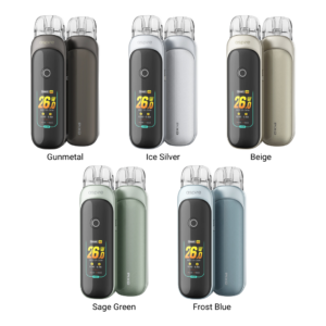 The five colour options of the Aspire Pixo Pod Kit: Gunmetal, Ice Silver, Beige, Sage Green and Frost Blue