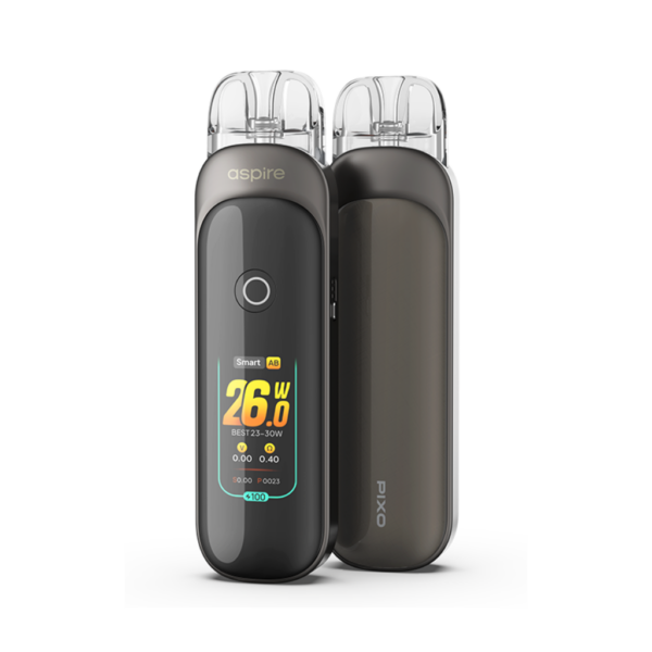 Aspire Pixo Pod Kit Front and rear view of the Gunmetal Aspire Pixo Pod Kit, showing the colour display and PIXO branding