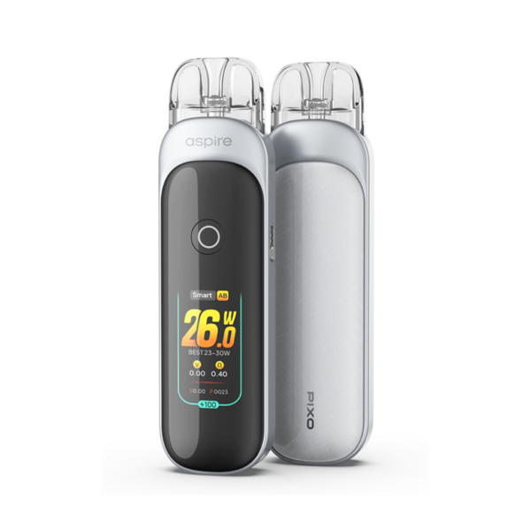 Aspire Pixo Pod Kit Ice Silver Aspire Pixo Pod Kit shown front and back with its clear refillable pod and brushed body panel