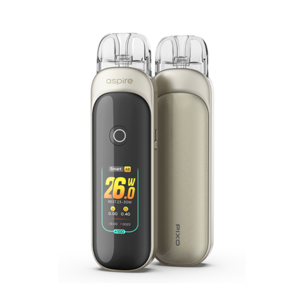 Aspire Pixo Pod Kit Beige Aspire Pixo Pod Kit from the front and rear, with the circular fire button set above the colour screen