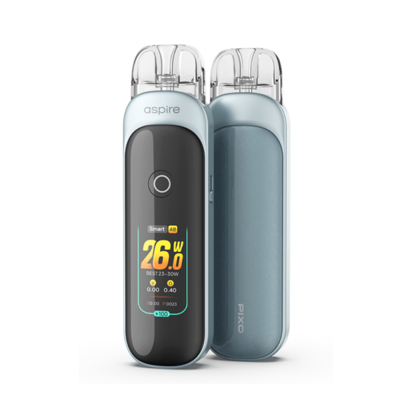 Aspire Pixo Pod Kit Frost Blue Aspire Pixo Pod Kit front and rear, highlighting the glossy front panel and slim rounded body