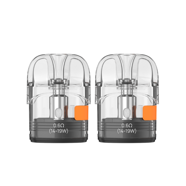 Aspire Pixo Replacement Pods (2 Pack) Two clear Aspire Pixo Replacement Pods from the 2 Pack, marked 0.6Ω, showing the mesh coil and orange fill plug