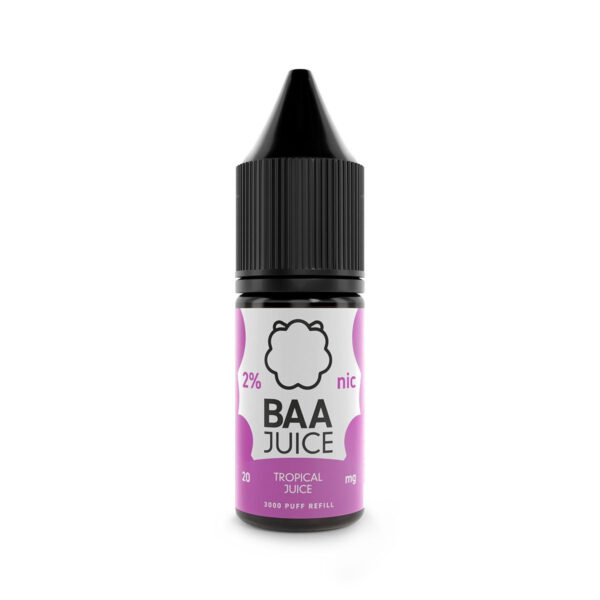 Tropical Juice Nic Salt E-Liquid by Baa Juice Tropical Juice Nic Salt E-Liquid by Baa Juice 10ml bottle with tropical fruit label and strength marking.