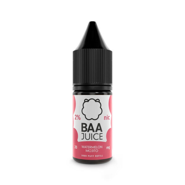 10ml bottle of Watermelon Mojito Nic Salt E-Liquid by Baa Juice with the flavour name shown on the label.