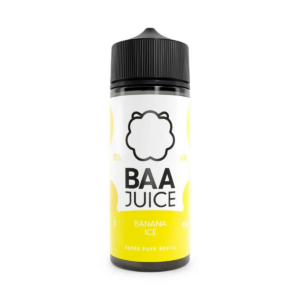 Banana Ice Shortfill E-Liquid by Baa Juice 100ml bottle, yellow label artwork with icy blue detailing.