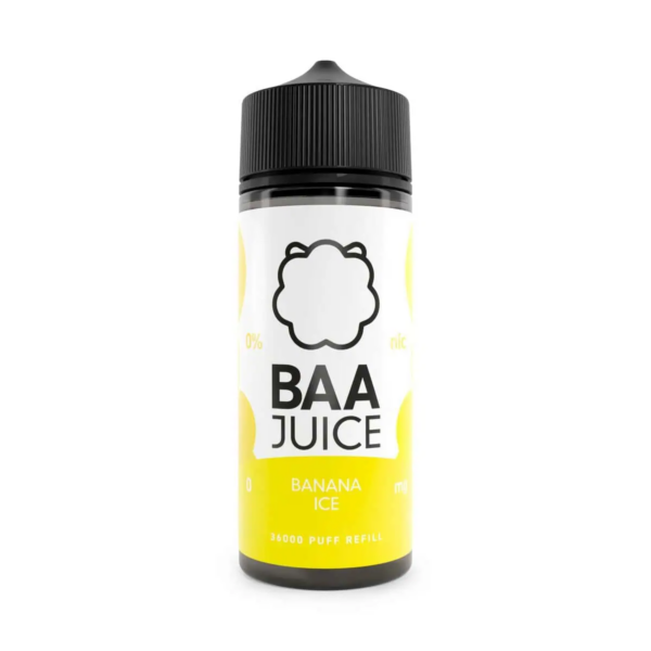 Banana Ice Shortfill E-Liquid by Baa Juice 100ml Banana Ice Shortfill E-Liquid by Baa Juice 100ml bottle, yellow label artwork with icy blue detailing.