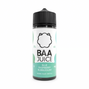 Blue Raspberry Bubblegum Shortfill E-Liquid by Baa Juice 100ml bottle with bright blue and pink label.