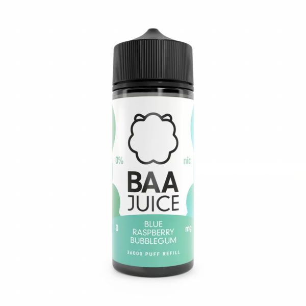 Blue Raspberry Bubblegum Shortfill E-Liquid by Baa Juice 100ml Blue Raspberry Bubblegum Shortfill E-Liquid by Baa Juice 100ml bottle with bright blue and pink label.