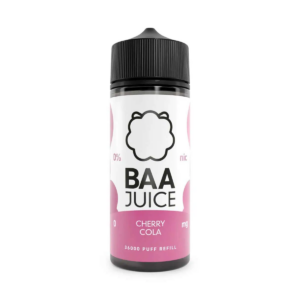 Cherry Cola Shortfill E-Liquid by Baa Juice 100ml bottle, deep red and brown cola label artwork.