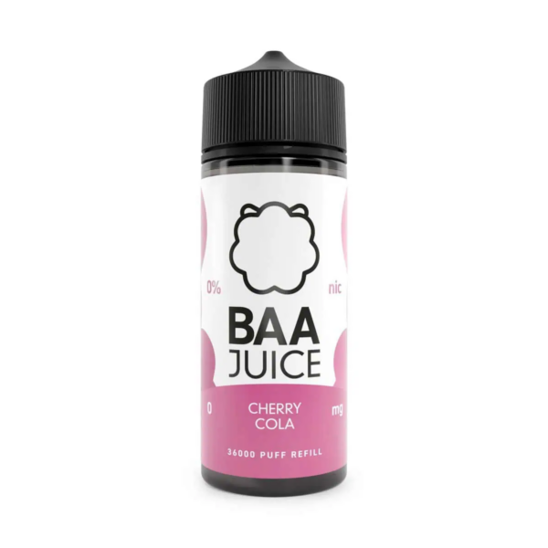 Cherry Cola Shortfill E-Liquid by Baa Juice 100ml Cherry Cola Shortfill E-Liquid by Baa Juice 100ml bottle, deep red and brown cola label artwork.
