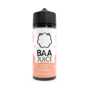 Cherry Peach Lemonade Shortfill E-Liquid by Baa Juice 100ml bottle with red and peach fruit label.