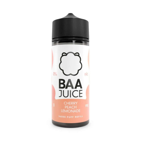 Cherry Peach Lemonade Shortfill E-Liquid by Baa Juice 100ml Cherry Peach Lemonade Shortfill E-Liquid by Baa Juice 100ml bottle with red and peach fruit label.