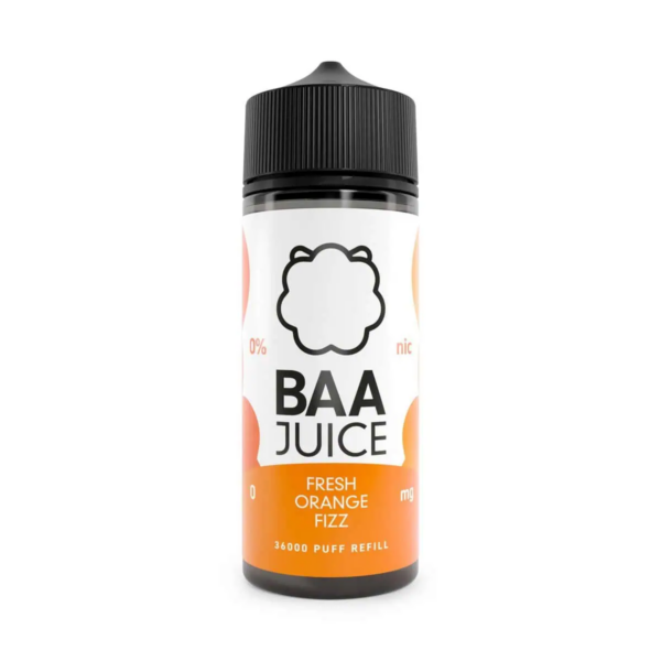 Fresh Orange Fizz Shortfill E-Liquid by Baa Juice 100ml bottle with bright orange citrus label artwork.