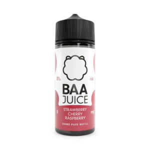 Strawberry Cherry Raspberry Shortfill E-Liquid by Baa Juice 100ml bottle with red mixed berry label.