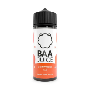 Strawberry Ice Shortfill E-Liquid by Baa Juice 100ml bottle, red strawberry label with icy blue accents.