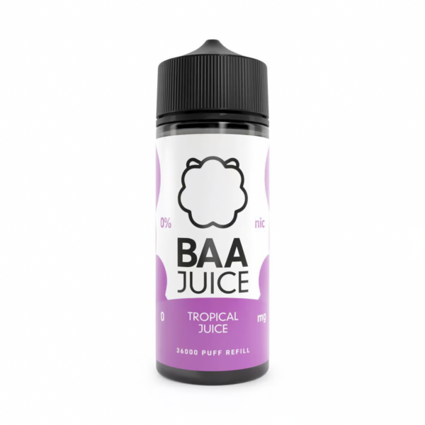 Tropical Juice Shortfill E-Liquid by Baa Juice 100ml bottle with bright tropical fruit label artwork.