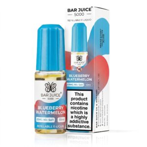 10ml bottle of Blueberry Watermelon Nic Salt E-Liquid by Bar Juice 5000 with blue and pink fruit label artwork.