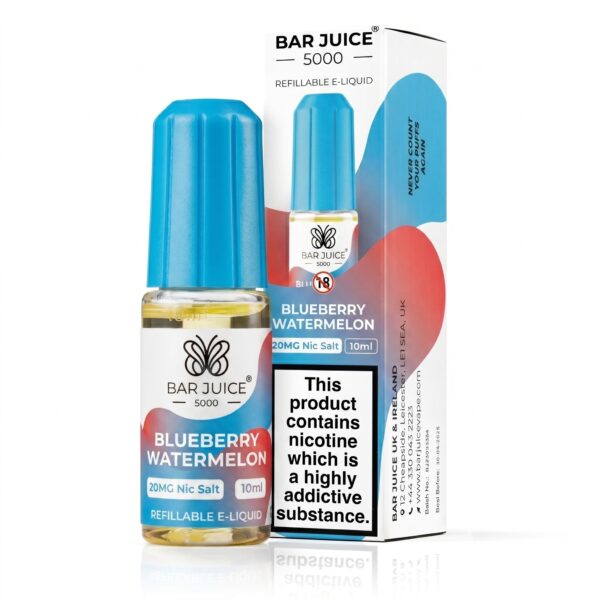 10ml bottle of Blueberry Watermelon Nic Salt E-Liquid by Bar Juice 5000 with blue and pink fruit label artwork.
