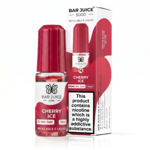 10ml bottle of Cherry Ice Nic Salt E-Liquid by Bar Juice 5000 with deep red cherry artwork across the label.