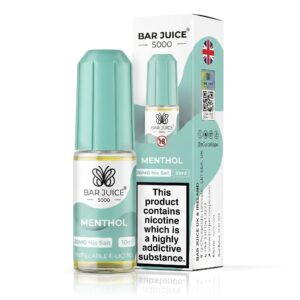 10ml bottle of Menthol Nic Salt E-Liquid by Bar Juice 5000 with cool blue and white label artwork.