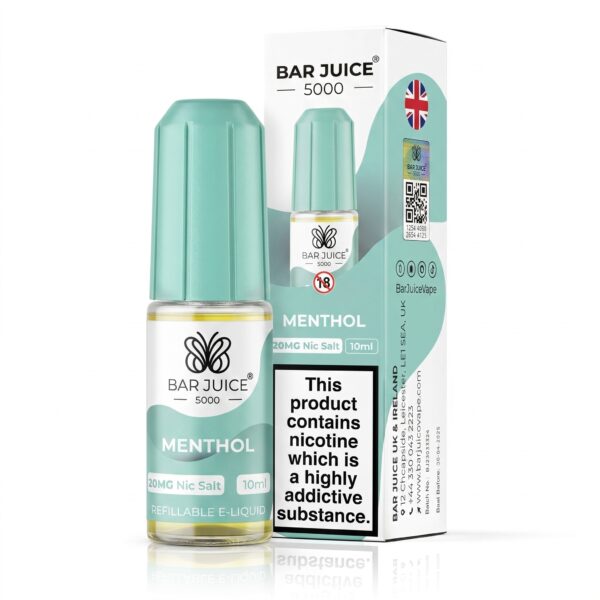10ml bottle of Menthol Nic Salt E-Liquid by Bar Juice 5000 with cool blue and white label artwork.