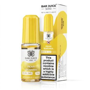 10ml bottle of Pear Banana Nic Salt E-Liquid by Bar Juice 5000 shown front on with the flavour name on the label.