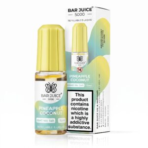 10ml bottle of Pineapple Coconut Nic Salt E-Liquid by Bar Juice 5000 shown front on with tropical label artwork.