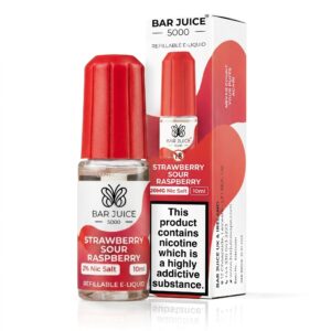 10ml bottle of Strawberry Sour Raspberry Nic Salt E-Liquid by Bar Juice 5000 with its bright sour sweet label.