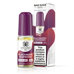 10ml bottle of Blackberry Raspberry Nic Salt E-Liquid by Bar Juice 5000 with its dark berry label artwork.