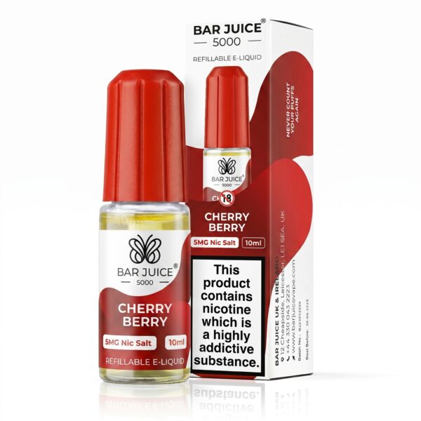 Cherry Berry Nic Salt E-Liquid by Bar Juice 5000 10ml bottle of Cherry Berry Nic Salt E-Liquid by Bar Juice 5000 showing the red cherry and berry label.