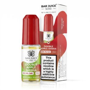 10ml bottle of Double Apple Shisha Nic Salt E-Liquid by Bar Juice 5000 with red and green apple label artwork.