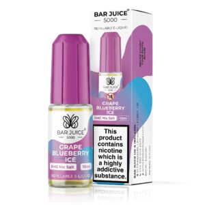 10ml bottle of Grape Blueberry Ice Nic Salt E-Liquid by Bar Juice 5000 with purple and blue fruit label artwork.