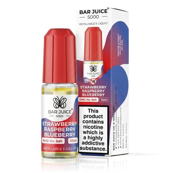 10ml bottle of Strawberry Raspberry Blueberry Nic Salt E-Liquid by Bar Juice 5000 with mixed berry label artwork.