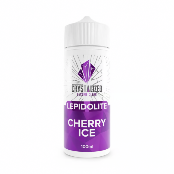 Lepidolite - Cherry Ice Shortfill E-Liquid by Crystalized 100ml Lepidolite - Cherry Ice Shortfill E-Liquid by Crystalized 100ml bottle, purple label with gem logo.