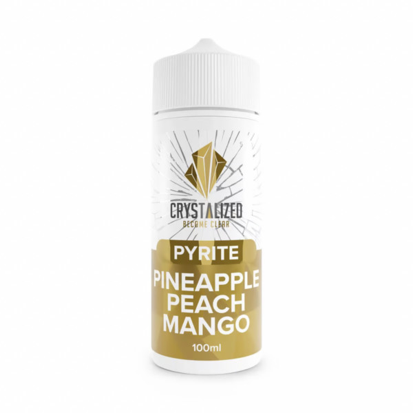 Pyrite - Pineapple Peach Mango Shortfill E-Liquid by Crystalized 100ml Pyrite - Pineapple Peach Mango Shortfill E-Liquid by Crystalized 100ml bottle, gold label, gem logo.