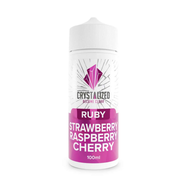 Ruby - Strawberry Raspberry Cherry Shortfill E-Liquid by Crystalized 100ml Ruby - Strawberry Raspberry Cherry Shortfill E-Liquid by Crystalized 100ml bottle, magenta label.