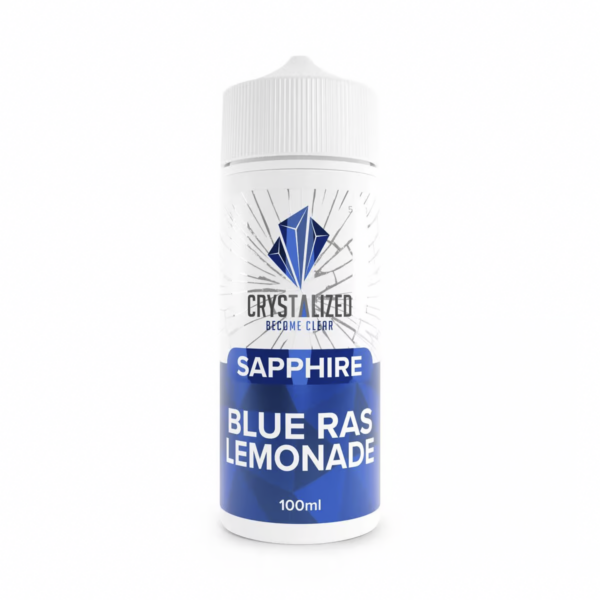 Sapphire - Blue Razz Lemonade Shortfill E-Liquid by Crystalized 100ml bottle, royal blue label.