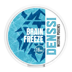 Brain Freeze Nicotine Pouch by Denssi, slim white tin with blue icy menthol branding.