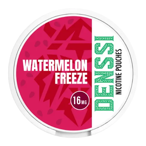 Watermelon Freeze Nicotine Pouch by Denssi Watermelon Freeze Nicotine Pouch by Denssi, slim white tin with pink watermelon branding.