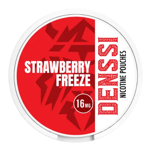 Strawberry Freeze Nicotine Pouch by Denssi Strawberry Freeze Nicotine Pouch by Denssi, slim white tin with red strawberry branding.
