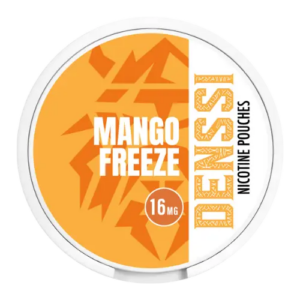 Mango Freeze Nicotine Pouch by Denssi, slim white tin with tropical mango branding.