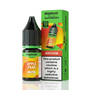 10ml bottle of Apple Pear Nic Salt E-Liquid by Dojoliq with green apple and pear label artwork and Dojoliq branding.