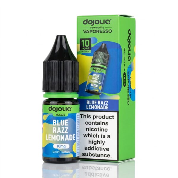 Blue Razz Lemonade Nic Salt E-Liquid by Dojoliq 10ml bottle of Blue Razz Lemonade Nic Salt E-Liquid by Dojoliq with bright blue label artwork and Dojoliq branding.