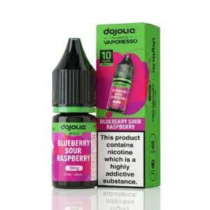 10ml bottle of Blueberry Sour Raspberry Nic Salt E-Liquid by Dojoliq with blue and red berry label artwork.