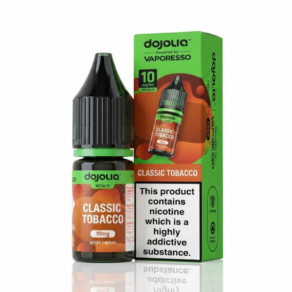 10ml bottle of Classic Tobacco Nic Salt E-Liquid by Dojoliq showing the dark brown tobacco label and Dojoliq logo.