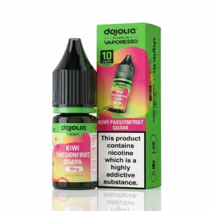 10ml bottle of Kiwi Passionfruit Guava Nic Salt E-Liquid by Dojoliq with green and pink tropical fruit label artwork.