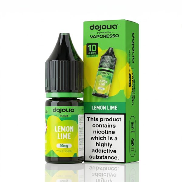 10ml bottle of Lemon Lime Nic Salt E-Liquid by Dojoliq showing yellow and green citrus label artwork and Dojoliq logo.