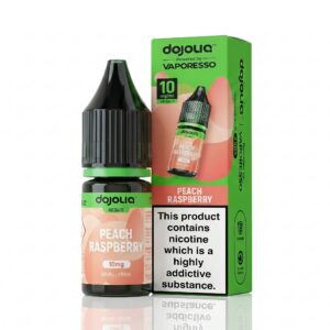 10ml bottle of Peach Raspberry Nic Salt E-Liquid by Dojoliq with peach and red raspberry label artwork and Dojoliq branding.