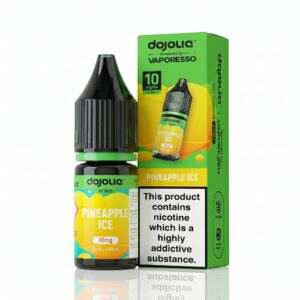 10ml bottle of Pineapple Ice Nic Salt E-Liquid by Dojoliq showing yellow pineapple label artwork with icy blue detailing.